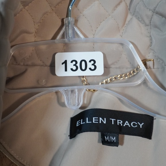Ellen Tracy Quilted Jacket M Tan Beige‎ Lightweight Full Zip Drawstring Coat - Picture 13 of 13